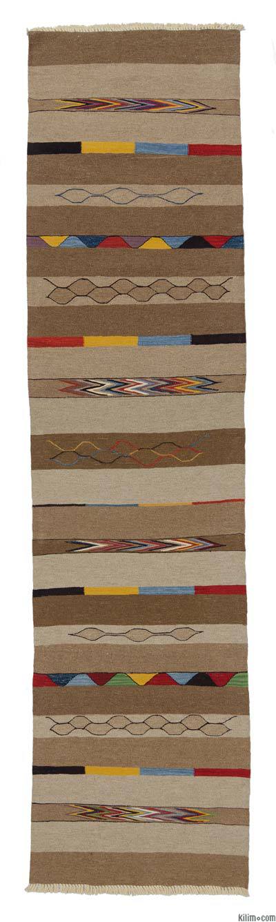 Beige, Brown New Turkish Kilim Runner