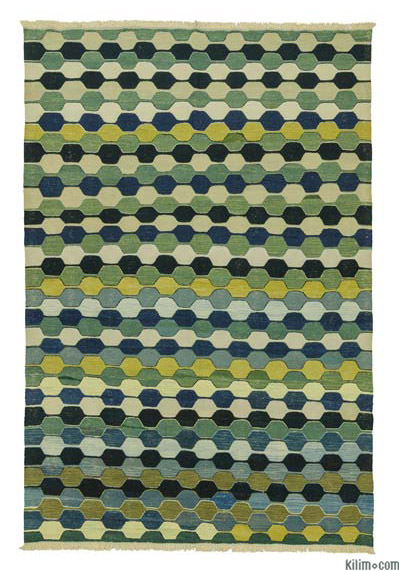 Verde, Azul Oscuro Nueva Alfombra Turca Kilim