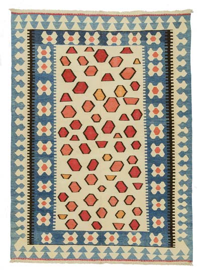 Bej, Açık Mavi Yeni El Dokuma Kilim
