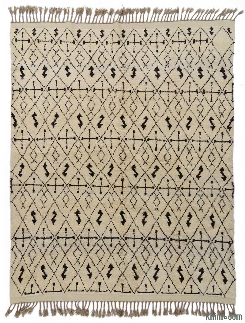 Beige, Black New Moroccan Style Hand-Knotted Tulu Rug - 6' 11" x 8' 2" (83" x 98") - K0008987