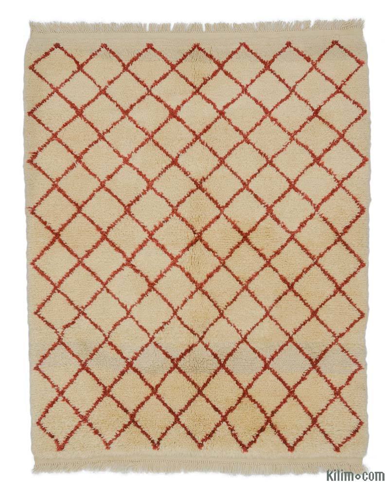 Beige, Red New Moroccan Style Hand-Knotted Tulu Rug - 4' 6" x 5' 7" (54" x 67") - K0008994