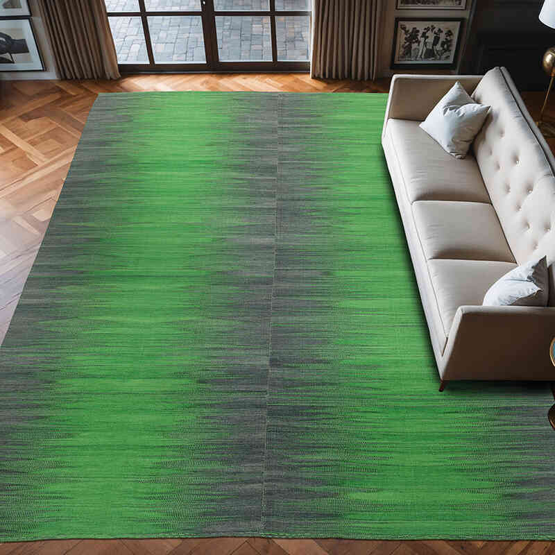 Green, Gray Neo Caspian Kilim Rug - 9' 10" x 13' 1" (118" x 157") - K0010533
