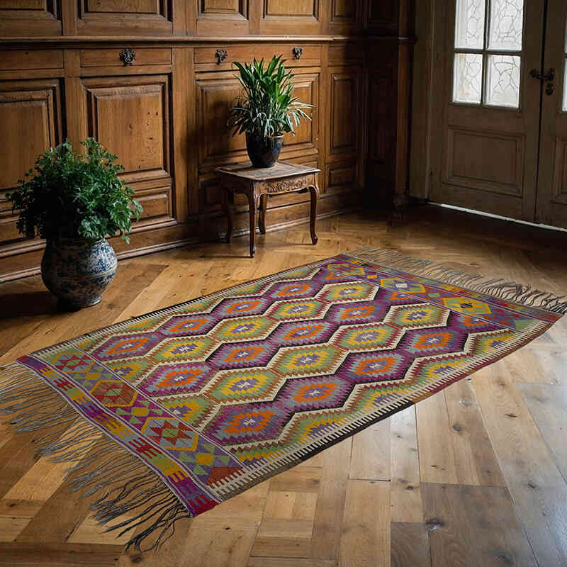 Verde, Púrpura Alfombra Vintage Antalya Kilim - 159 cm x 242 cm - K0010556