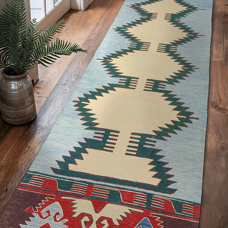 Azul claro, Beige Nueva Alfombra Kilim Turca De Pasillo - K0010807