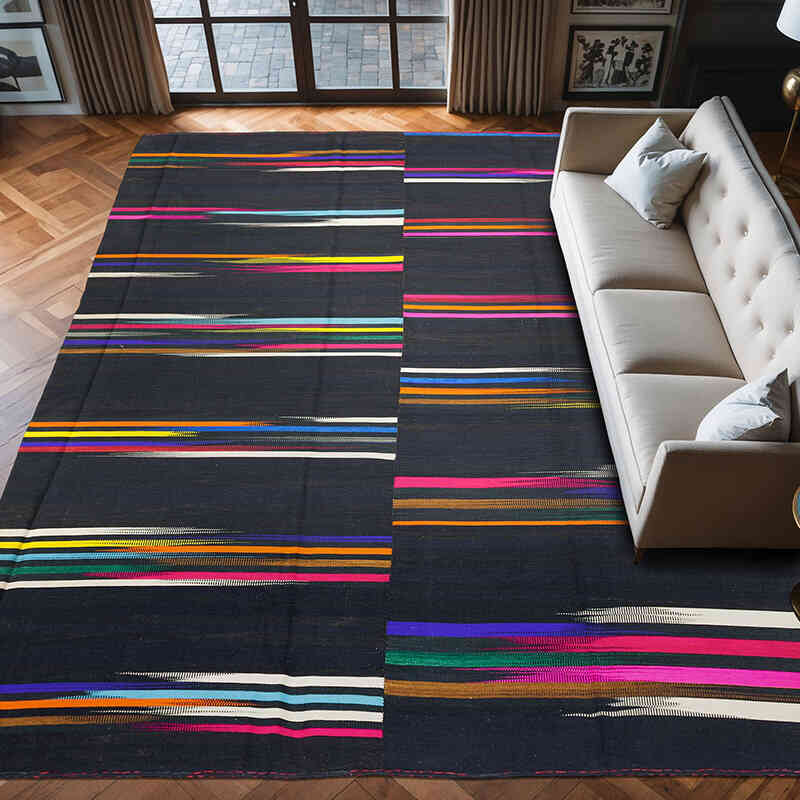 Black Neo Caspian Kilim Rug - 9' 10" x 12' 8" (118" x 152") - K0016068