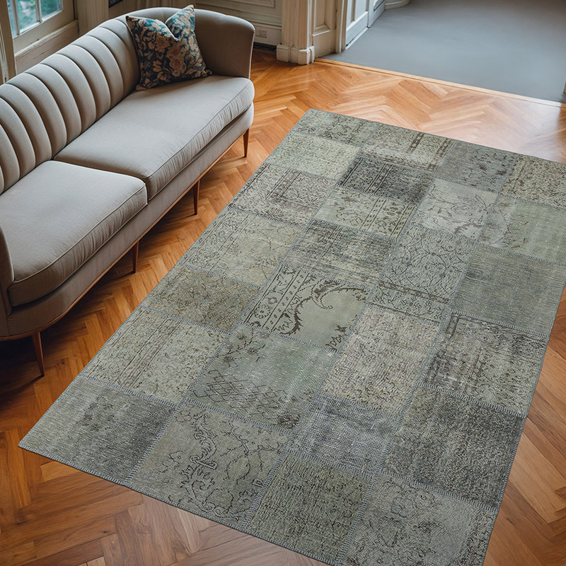 Gri, Açık Mavi Boyalı Patchwork Halı - 196 cm x 300 cm - K0018683