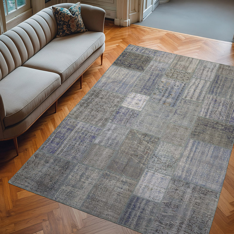 Açık Mavi, Gri Boyalı Patchwork Halı - 205 cm x 301 cm - K0018692