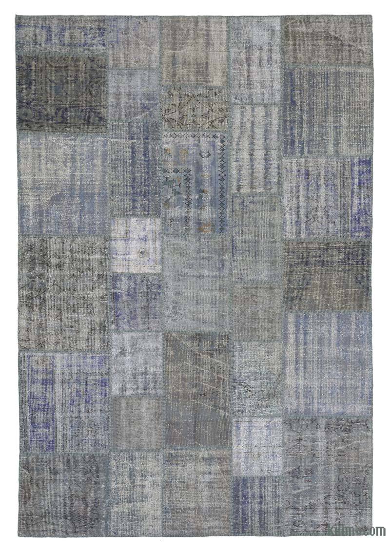 Blue, Grey Patchwork Hand-Knotted Turkish Rug - 6' 9" x 9' 11" (81" x 119") - K0018692