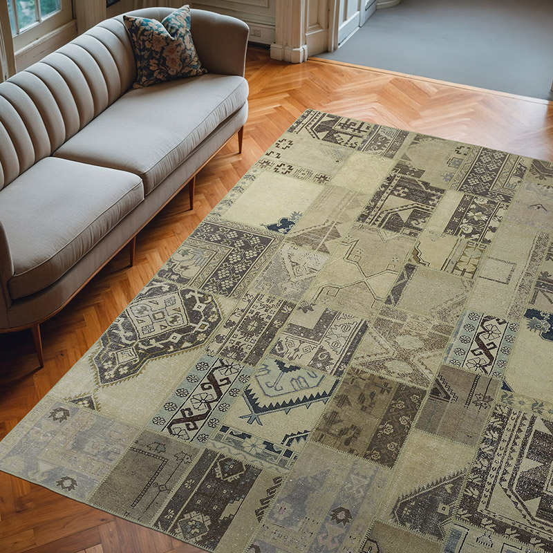 Beige Patchwork Hand-Knotted Turkish Rug - 7' 11" x 9' 11" (95" x 119") - K0018703