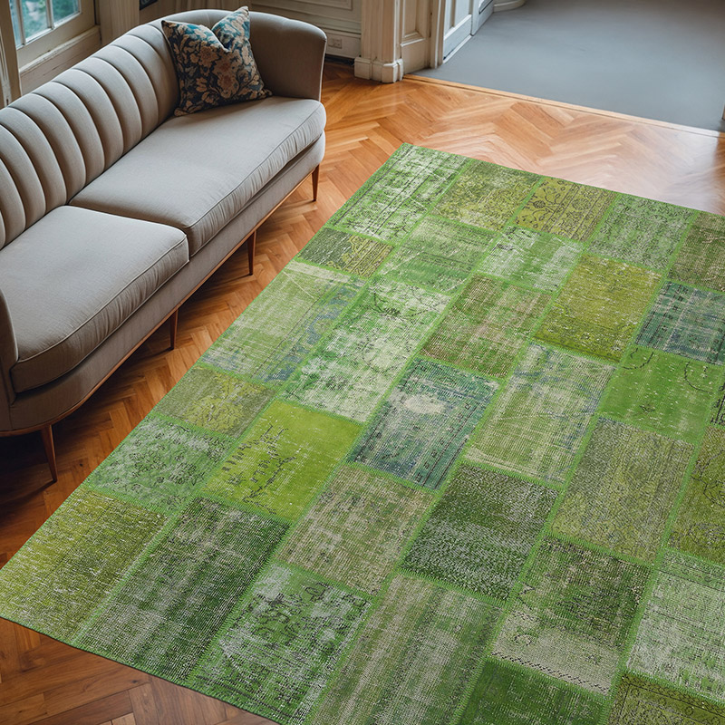 Green Patchwork Hand-Knotted Turkish Rug - 7' 11" x 9' 10" (95" x 118") - K0018718