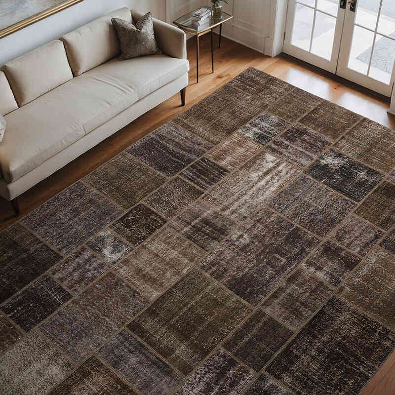 Brown Over-dyed Turkish Patchwork Rug - 8' 6" x 11' 4" (102" x 136") - K0018729