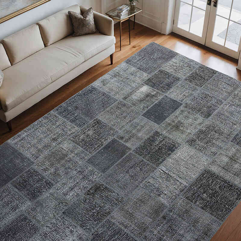 Gris Alfombra De Retazos Turca Sobre-teñida - 252 cm x 354 cm - K0018736