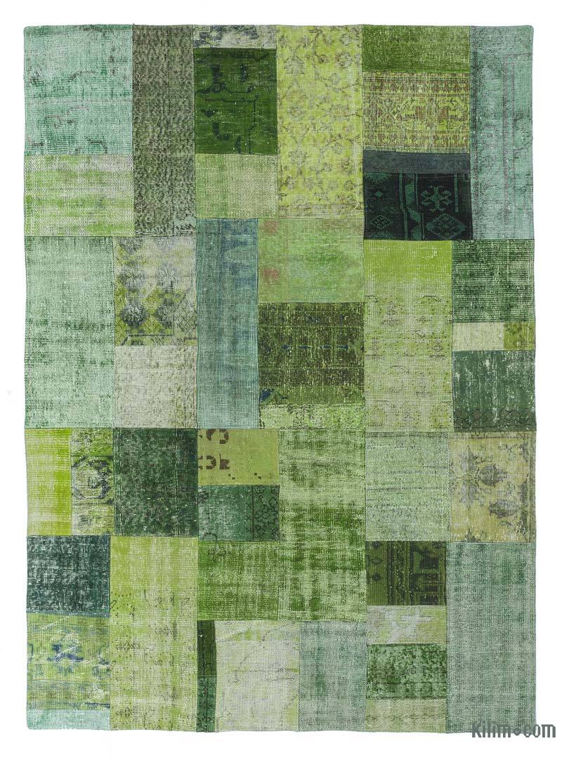Green Patchwork Hand-Knotted Turkish Rug - 5' 8" x 7' 10" (68" x 94") - K0018777