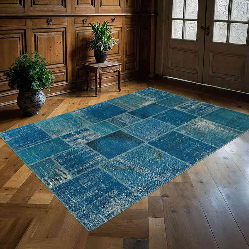 Aqua Patchwork Hand-Knotted Turkish Rug - 5' 9" x 8'  (69" x 96") - K0018796