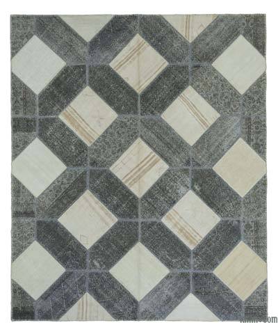 Gray, Beige Patchwork Hand-Knotted Turkish Rug - 8' 3" x 9' 11" (99" x 119")