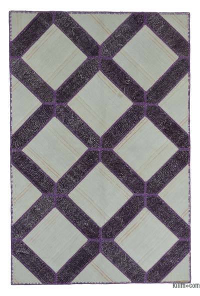 Purple, Beige Patchwork Hand-Knotted Turkish Rug - 5' 3" x 7' 11" (63" x 95")