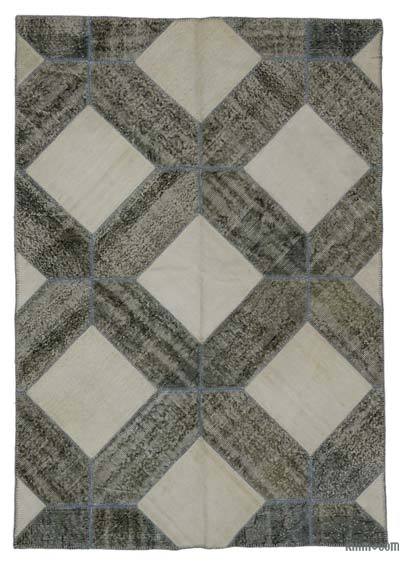 Bej, Gri Boyalı Patchwork Halı - 167 cm x 240 cm