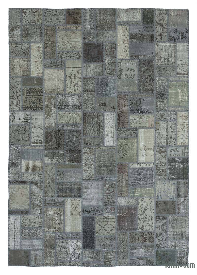 Grey Patchwork Hand-Knotted Turkish Rug - 6' 9" x 9' 10" (81" x 118") - K0020260