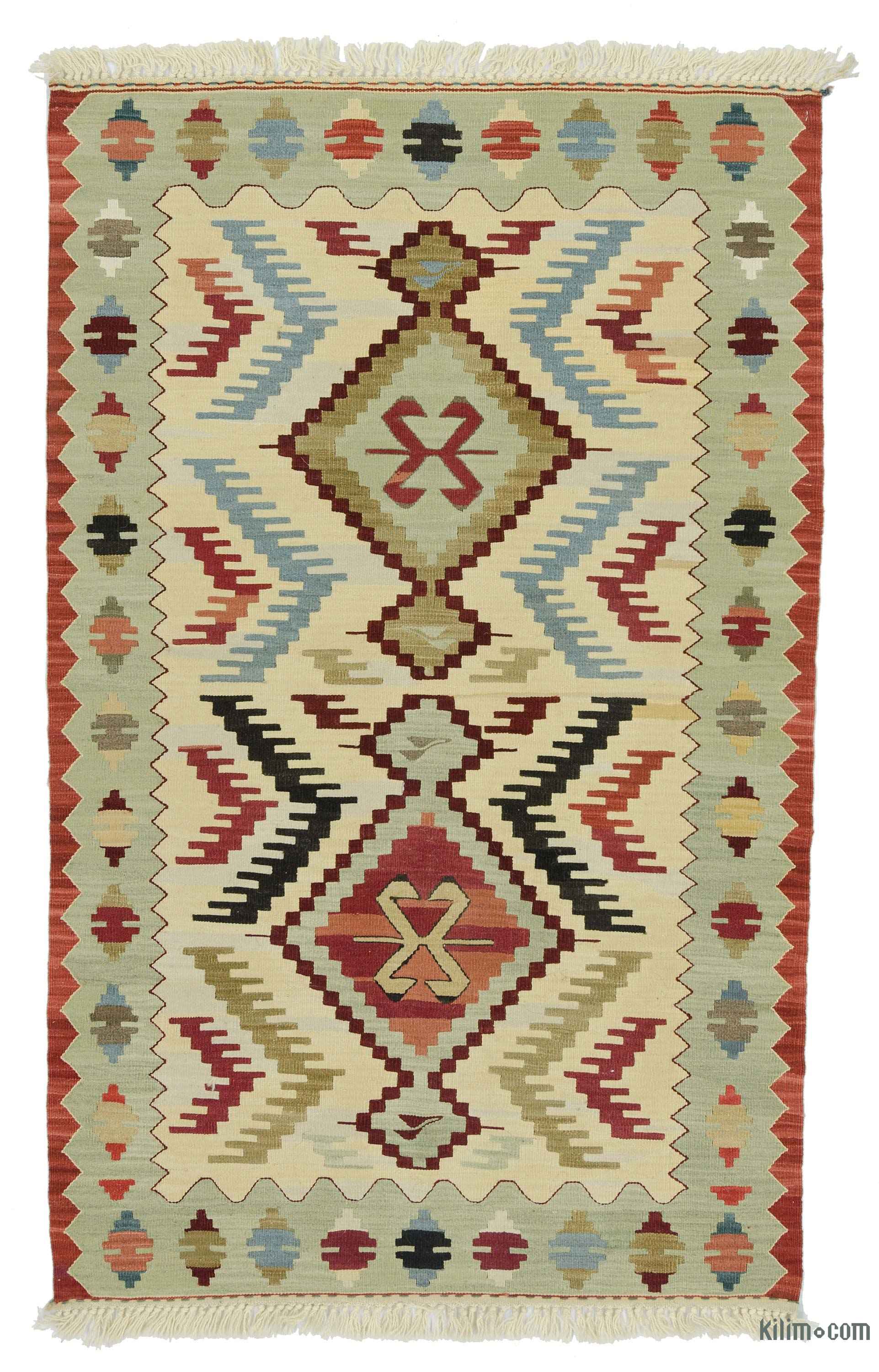 Beige, Green New Handwoven Turkish Kilim Rug - 3' 1