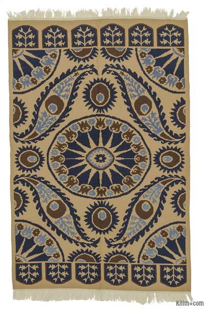 Beige, Blue New Turkish Kilim Rug - 5' 2" x 7' 10" (62" x 94")