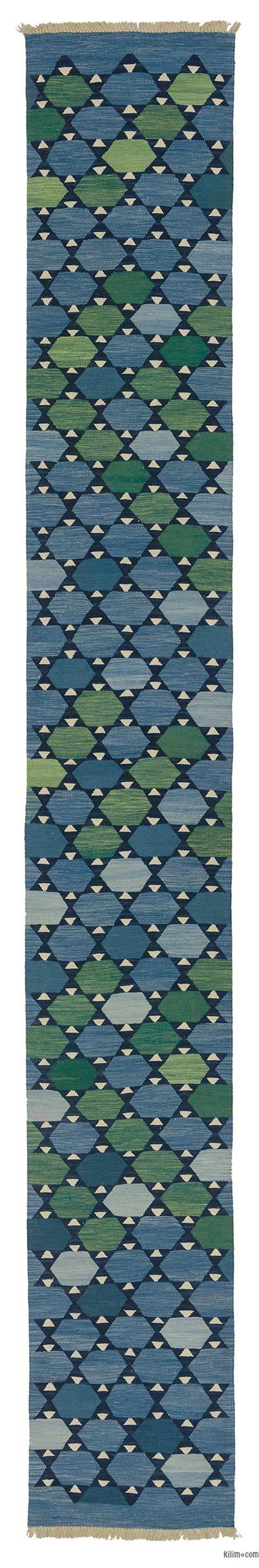 Azul Oscuro, Verde Nuevo Kilim Turco De Pasillo