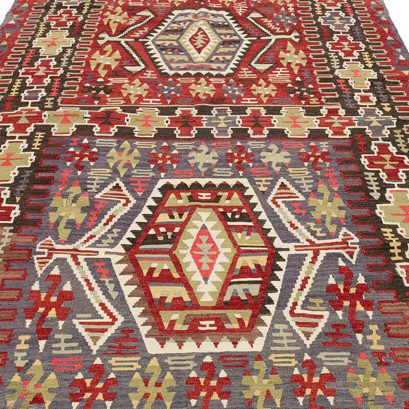 Rojo, Azul claro Alfombra Vintage Esme Kilim - 162 cm x 365 cm - K0027361
