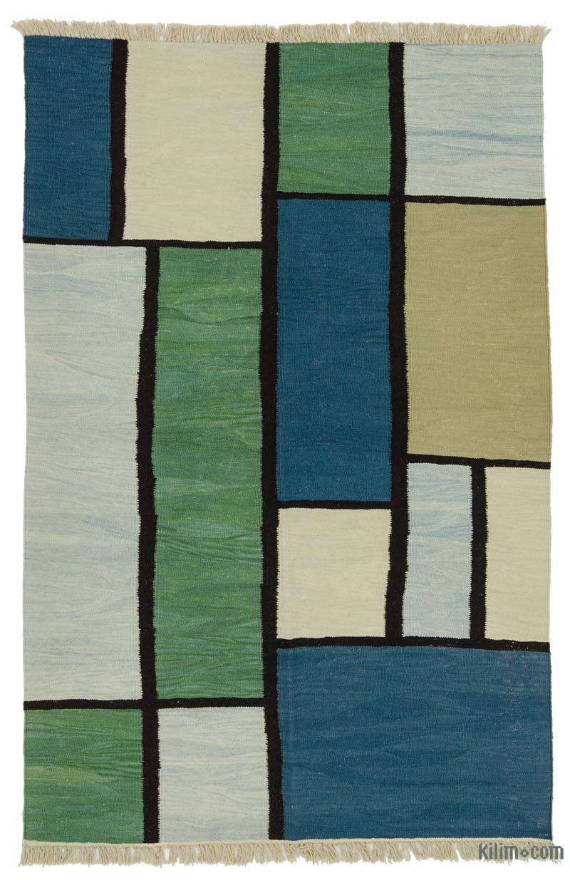 Green, Blue New Handwoven Turkish Kilim Rug - K0027781