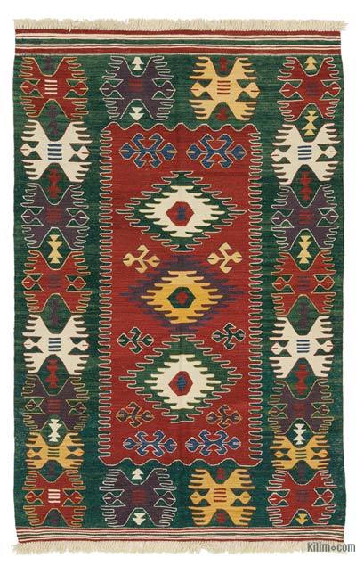 Red, Green New Handwoven Turkish Kilim Rug