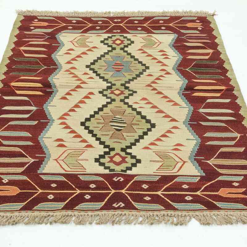 Bej, Kırmızı Yeni El Dokuma Kilim - K0028397