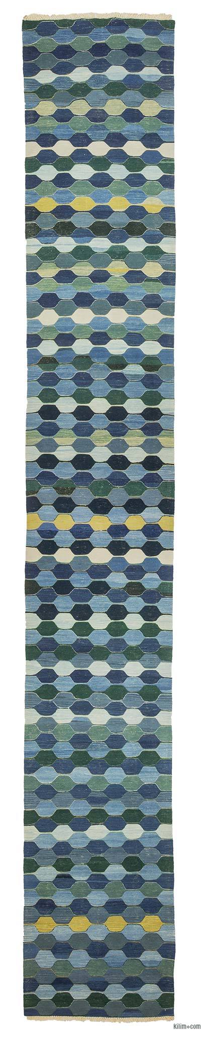 Azul Oscuro, Verde Nuevo Kilim Turco De Pasillo