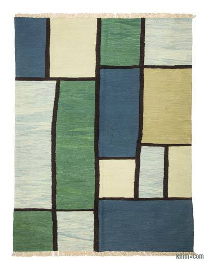 Verde, Azul Oscuro Nueva Alfombra Turca Kilim - 147 cm x 195 cm