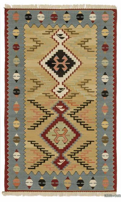 Bej, Açık Mavi Yeni Kök Boya El Dokuma Kilim - 97 cm x 160 cm