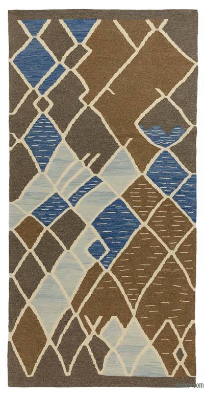 Marrón, Azul Oscuro Nueva Alfombra Turca Kilim