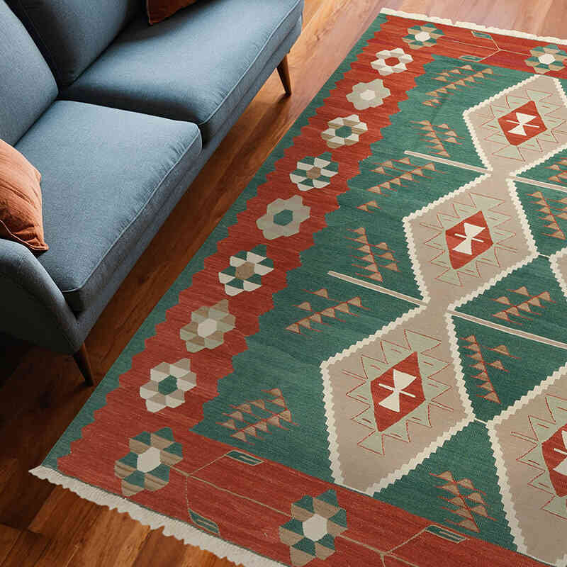 Yeşil, Kırmızı Yeni Kök Boya El Dokuma Kilim - 251 cm x 255 cm - K0035985