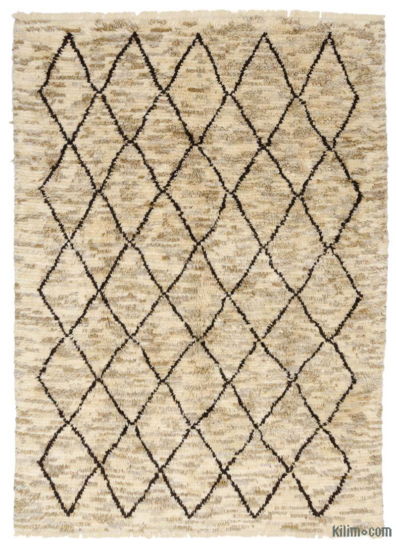 Beige, Brown New Moroccan Style Hand-Knotted Tulu Rug - 7' 7" x 10' 4" (91" x 124") - K0036290