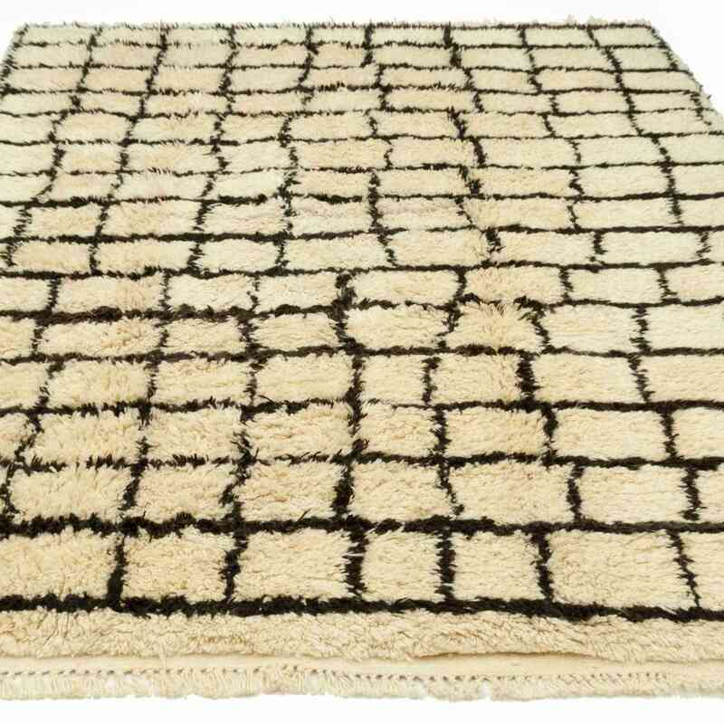 Beige, Brown New Moroccan Style Hand-Knotted Tulu Rug - 6' 11" x 9' 5" (83" x 113") - K0036292