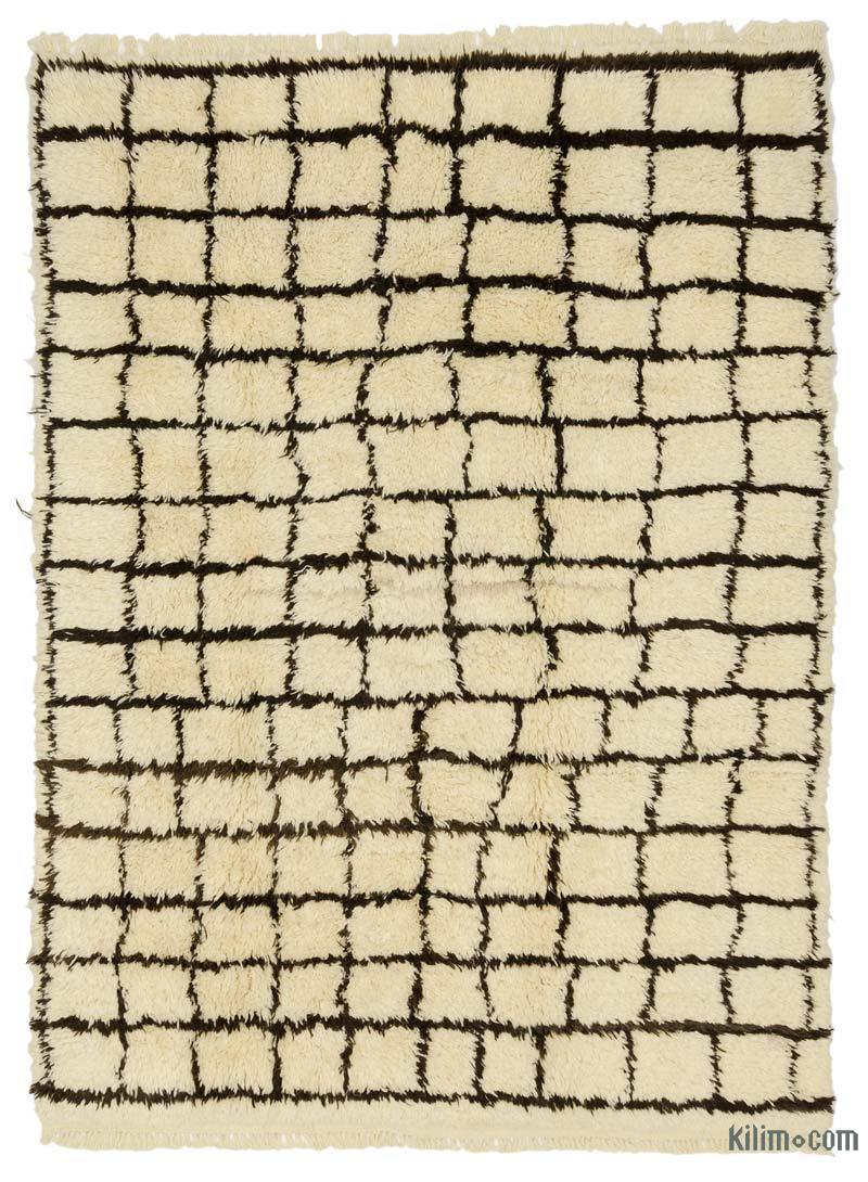 Beige, Brown New Moroccan Style Hand-Knotted Tulu Rug - 6' 11" x 9' 5" (83" x 113") - K0036292