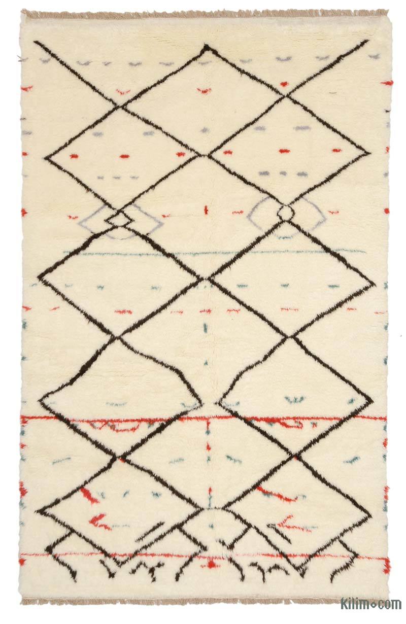 Beige, Brown New Moroccan Style Hand-Knotted Tulu Rug - 6' 11" x 10' 10" (83" x 130") - K0036296