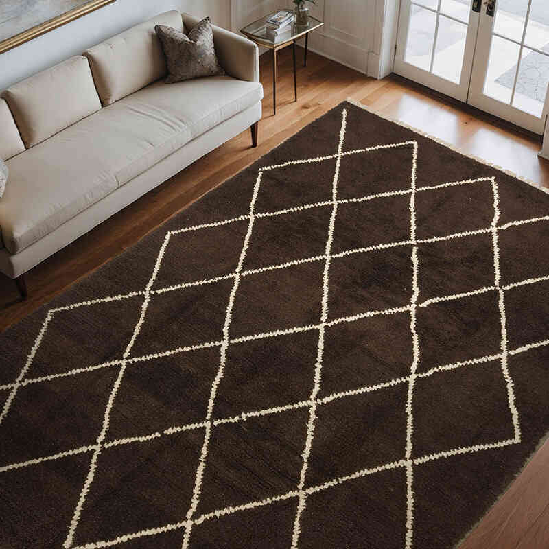 Brown, Beige New Moroccan Style Hand-Knotted Tulu Rug - 8'  x 11' 5" (96" x 137") - K0036297