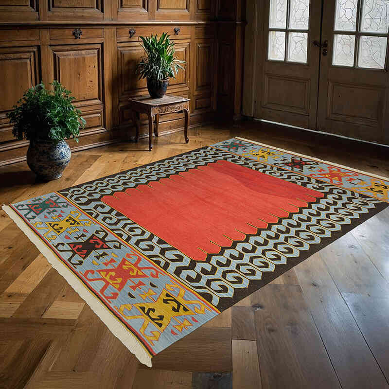 Rojo, Multicolor Nueva Alfombra Turca Kilim - 173 cm x 233 cm - K0036518