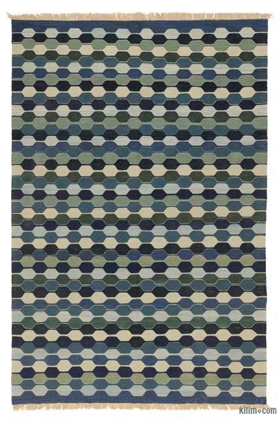 Lacivert, Yeşil Yeni El Dokuma Kilim