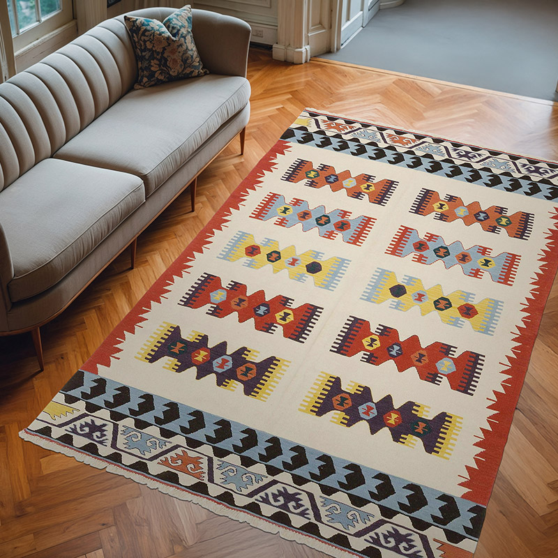 Beige, Multicolor Nueva Alfombra Turca Kilim - 182 cm x 273 cm - K0036523