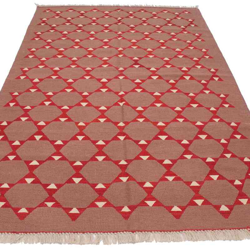 Purple, Red New Handwoven Turkish Kilim Rug - 4' 9" x 7' 3" (57" x 87") - K0036526