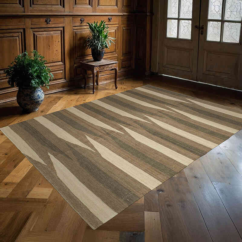 Brown, Beige New Contemporary Kilim Rug - Z Collection - 5' 10" x 7' 10" (70" x 94") - K0037718