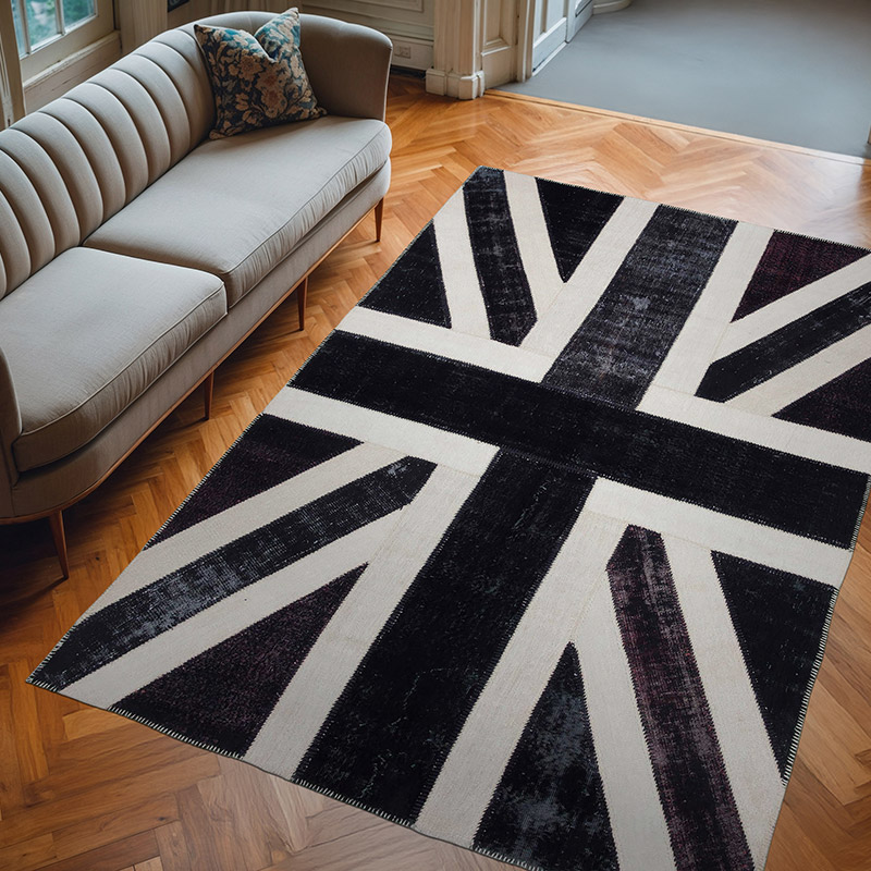 Black Patchwork Hand-Knotted Turkish Rug - 6' 8" x 9' 11" (80" x 119") - K0038441