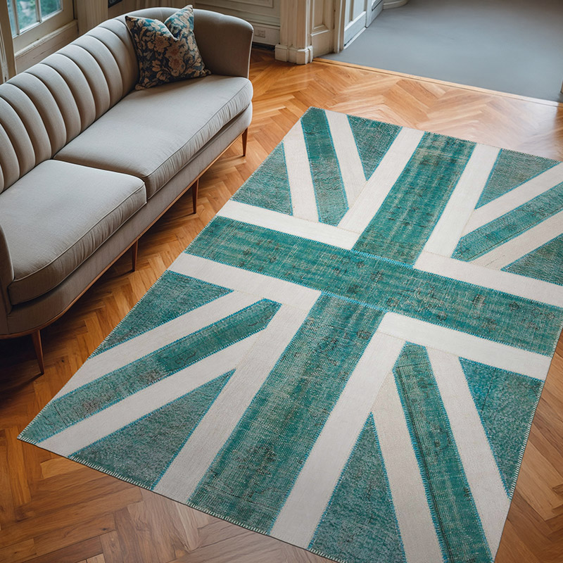Aqua Patchwork Hand-Knotted Turkish Rug - 6' 8" x 10'  (80" x 120") - K0038442
