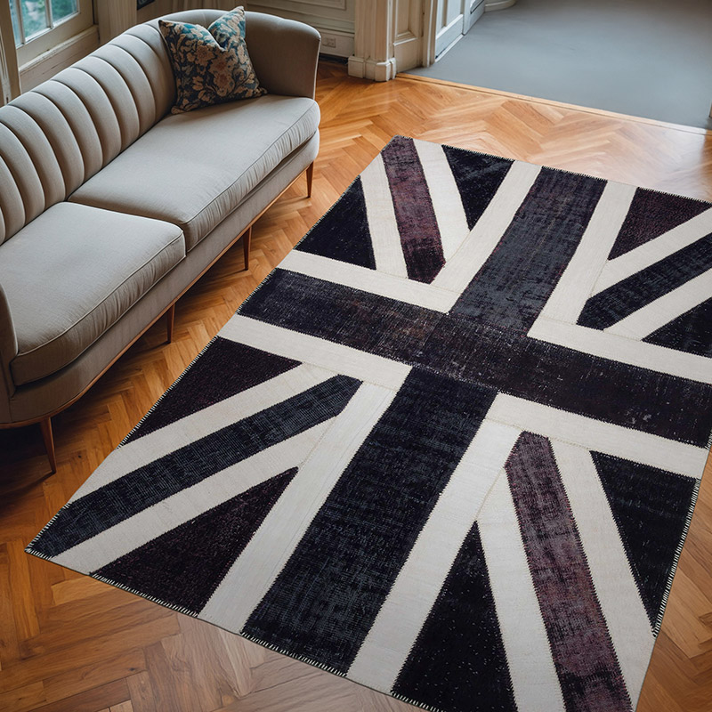 Black Patchwork Hand-Knotted Turkish Rug - 6' 8" x 9' 10" (80" x 118") - K0038523