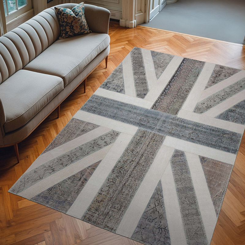 Gri İngiltere Bayraklı Patchwork Halı - 200 cm x 304 cm - K0038529