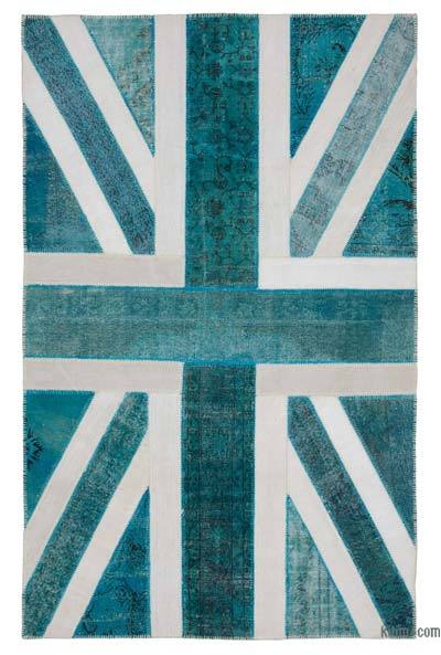 Aqua Patchwork Hand-Knotted Turkish Rug - 6' 3" x 9' 11" (75" x 119")