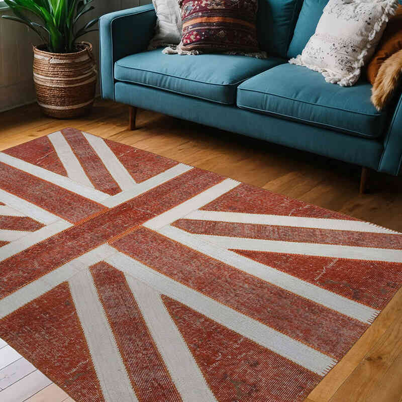 Turuncu İngiltere Bayraklı Patchwork Halı - 140 cm x 215 cm - K0038546